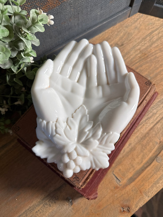 Milk Glass Giving hands Westmoreland WG in White with grapes | Open Hand trinket or soap dish