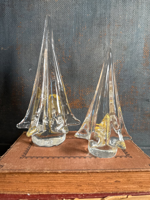 Murano Gold Controlled Bubble Italian Glass Christmas Tree Paperweight 5.25” & 7.75"