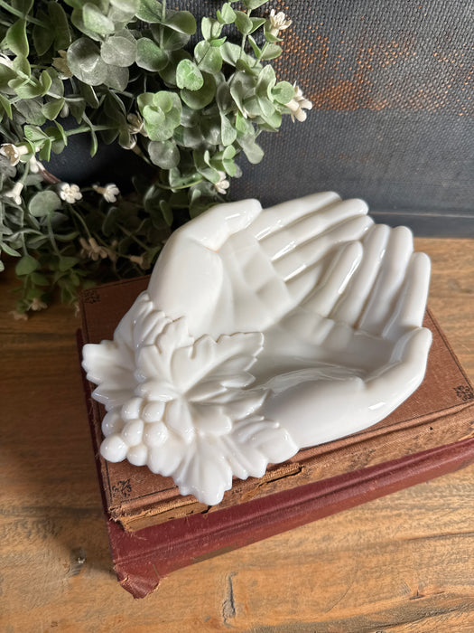 Milk Glass Giving hands Westmoreland WG in White with grapes | Open Hand trinket or soap dish