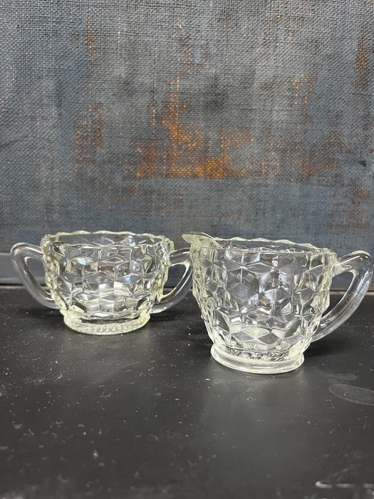 Creamer & Open Sugar, Jeannette Glass, Cube Clear, Vintage
