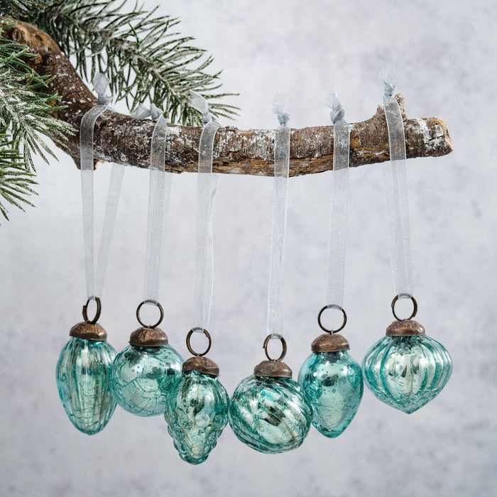 Bollywood Christmas - Set of 6 Small Mixed design 1" Mint Crackle Glass Baubles