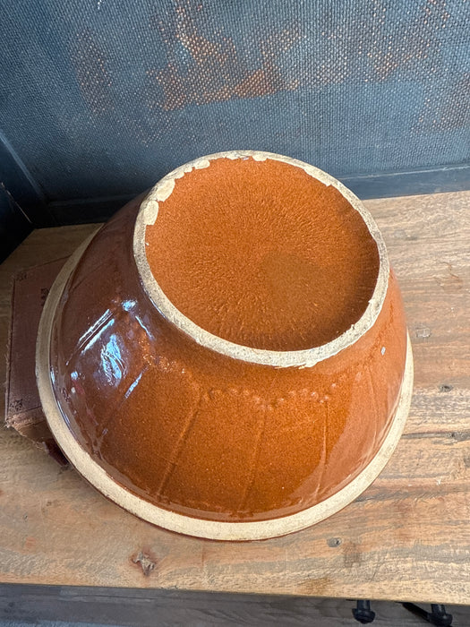 Antique yellow ware ceramic mixing bowl | Medalta mixing bowl with brown glazing