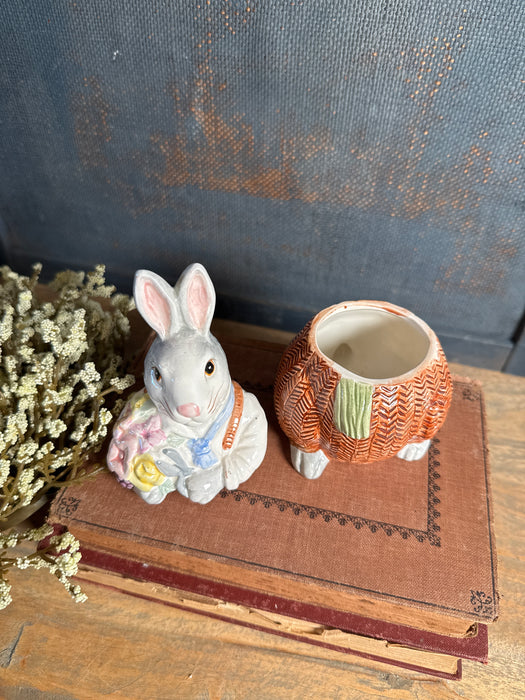 Vintage Fitz And Floyd Rabbit Trinket Box | Boy Bunny with Flowers