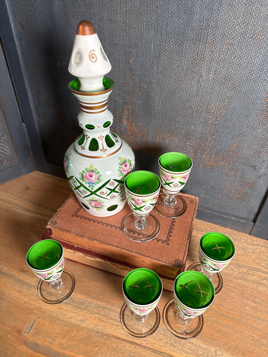 Green Overlay Decanter With Stopper, 6 Goblets W/Cuts & Hand Painted Flowers