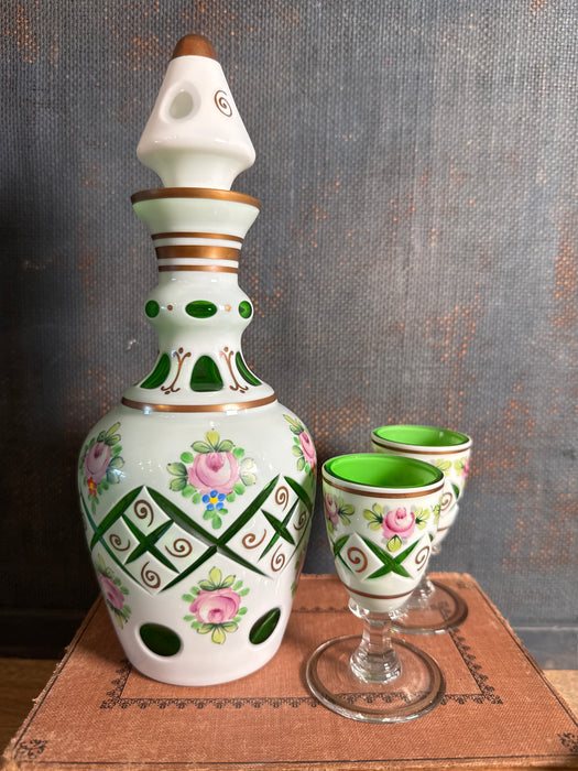 Green Overlay Decanter With Stopper, 6 Goblets W/Cuts & Hand Painted Flowers