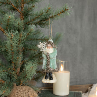 Soft Blue Velvet Belsnickle (Santa) Ornament | Coastal Christmas & Holiday Decor