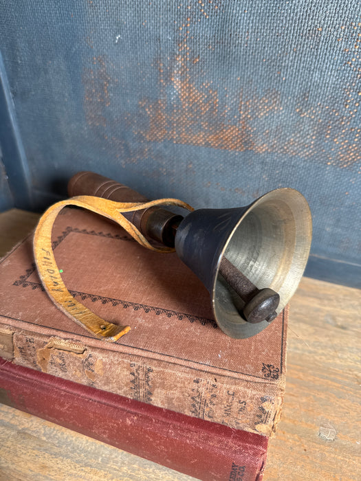 Antique Brass School Bell with Wooden Hand Turned Handle | 7.5” tall