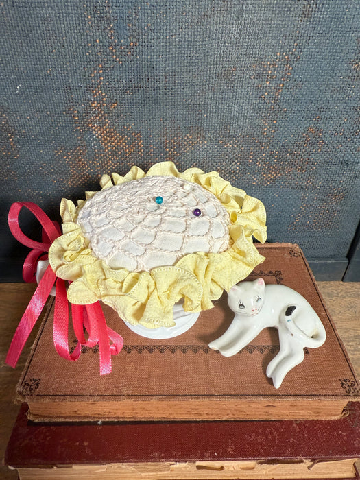 Lavender infused Vintage Teacup Pin Cushion made with Vintage doily