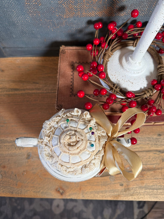 Lavender infused pincushion made with vintage linens & silver plated sugar bowl