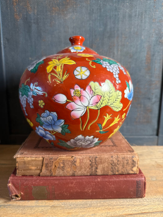 Vintage China Blue Red Chinoiserie Ginger Jar