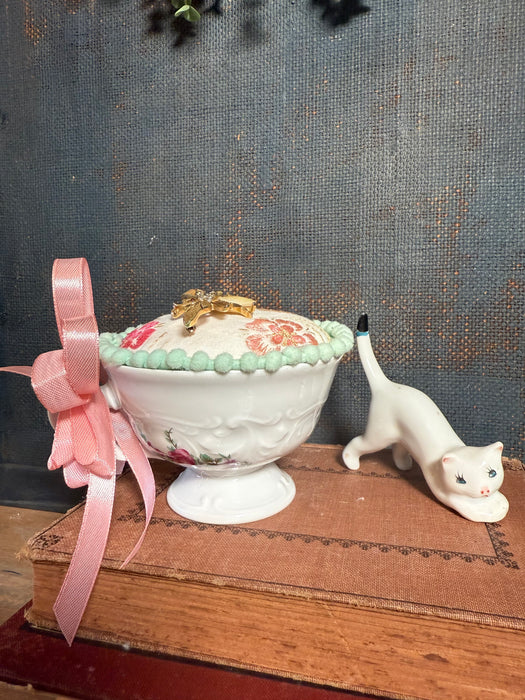 Lavender Infused Vintage Teacup Pincushion using Vintage Linens