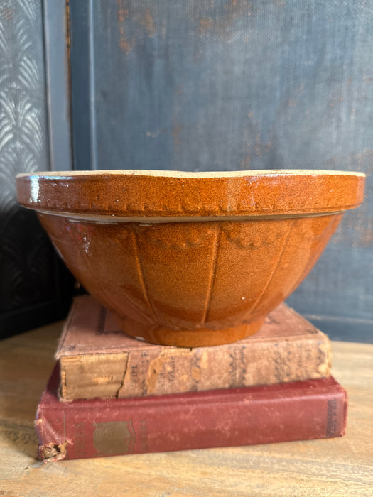 Antique yellow ware ceramic mixing bowl | Medalta mixing bowl with brown glazing