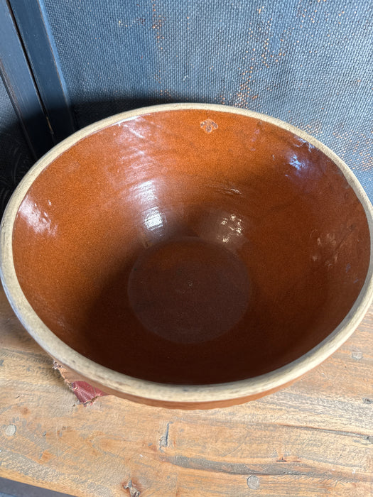 Antique yellow ware ceramic mixing bowl | Medalta mixing bowl with brown glazing