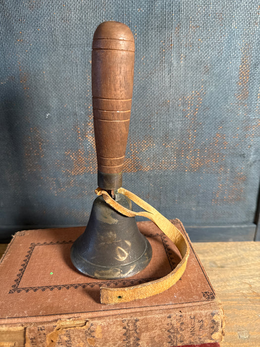 Antique Brass School Bell with Wooden Hand Turned Handle | 7.5” tall