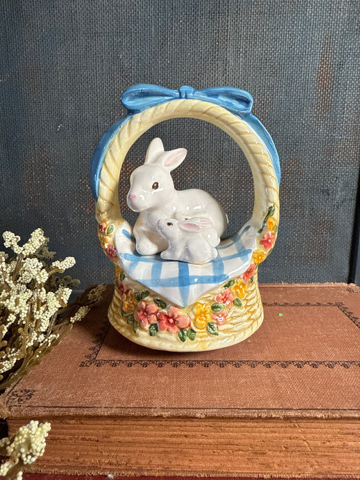 Vintage Schmid Bunnies in Basket Music Box figurine 1985 Talk to the Animals