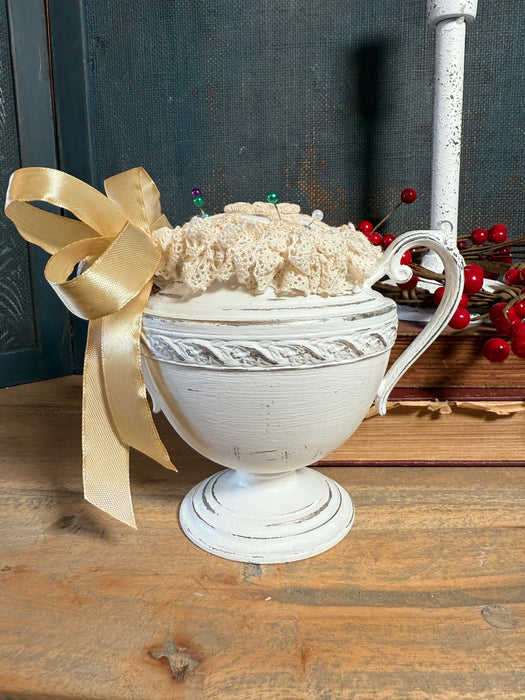 Lavender infused pincushion made with vintage linens & silver plated sugar bowl