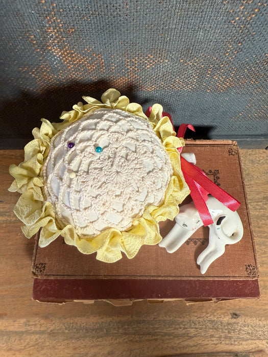 Lavender infused Vintage Teacup Pin Cushion made with Vintage doily