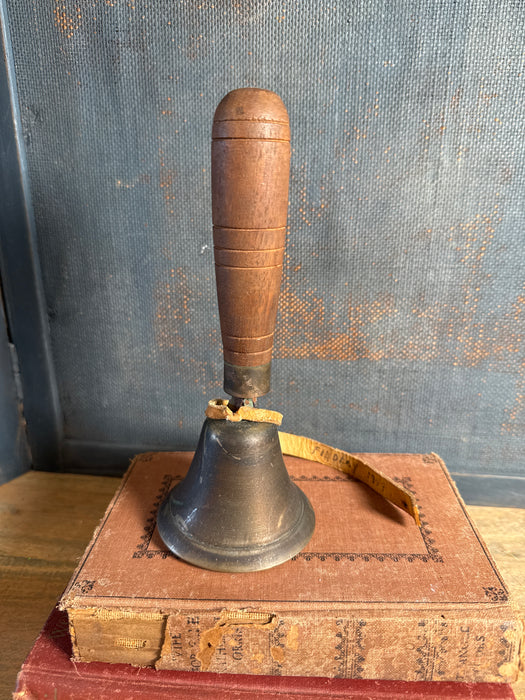 Antique Brass School Bell with Wooden Hand Turned Handle | 7.5” tall