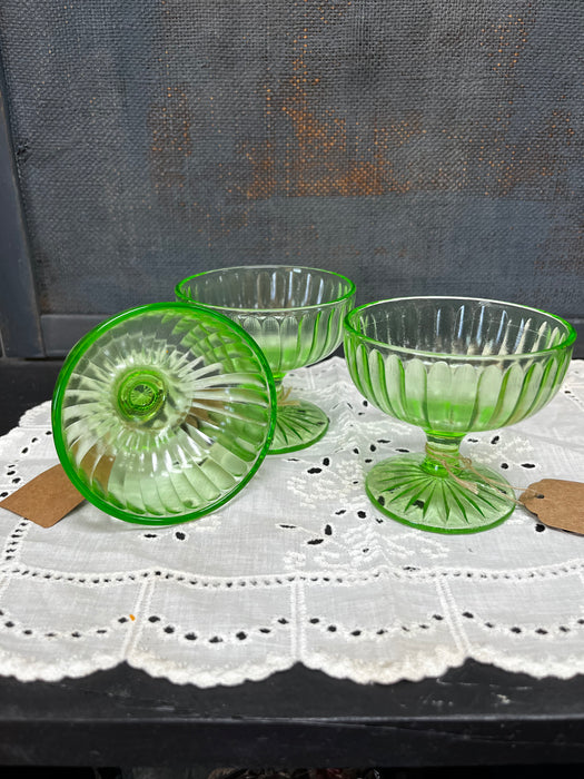Vintage Hazel Atlas Aurora Uranium Glass Sherbet Footed Bowl Dish Ribbon Green | It Glows!
