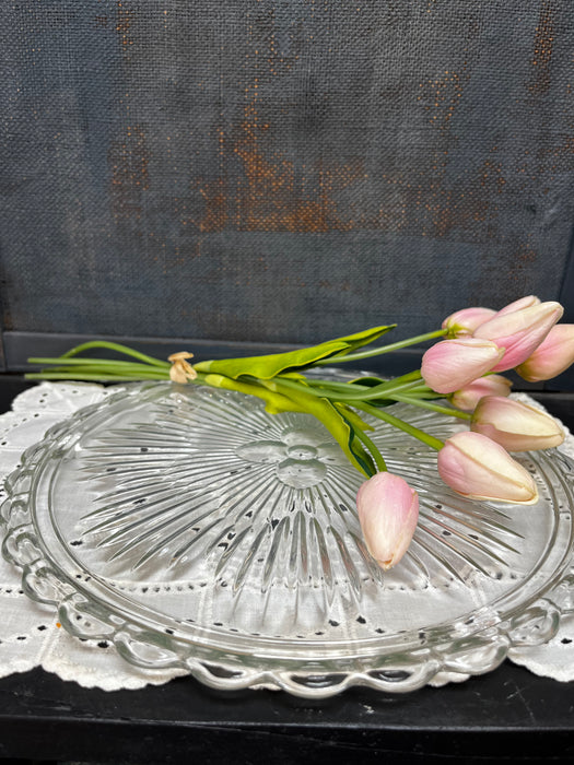 Vintage Pressed Glass Scalloped Footed Cake Serving Tray Floral Starburst Plate
