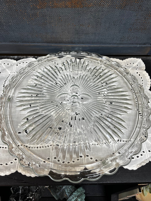 Vintage Pressed Glass Scalloped Footed Cake Serving Tray Floral Starburst Plate