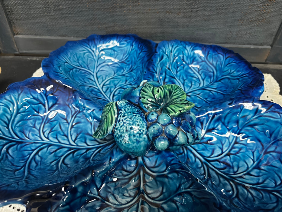Vintage Large Indigo Majolica Divided Tray With Figural Fruit - Marked Japan | Inarco Serving Dish