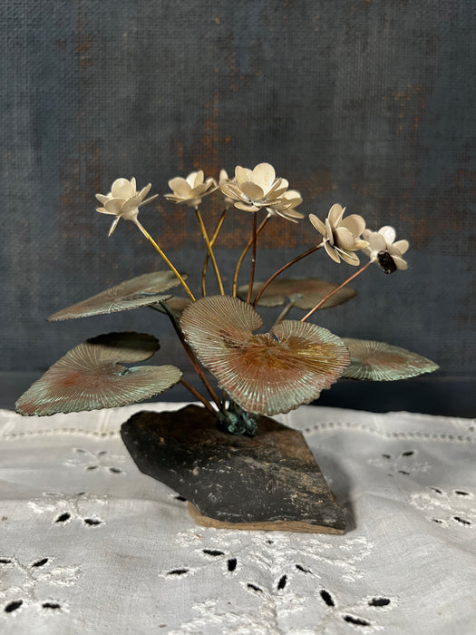 Vintage Demetrios L. Xethalis Brass Violet Plant Art Sculpture on Stone Base