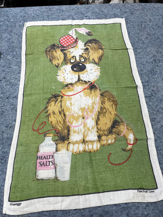 Pure Irish Linen Tea Towel with adorable dog in hat & health salts