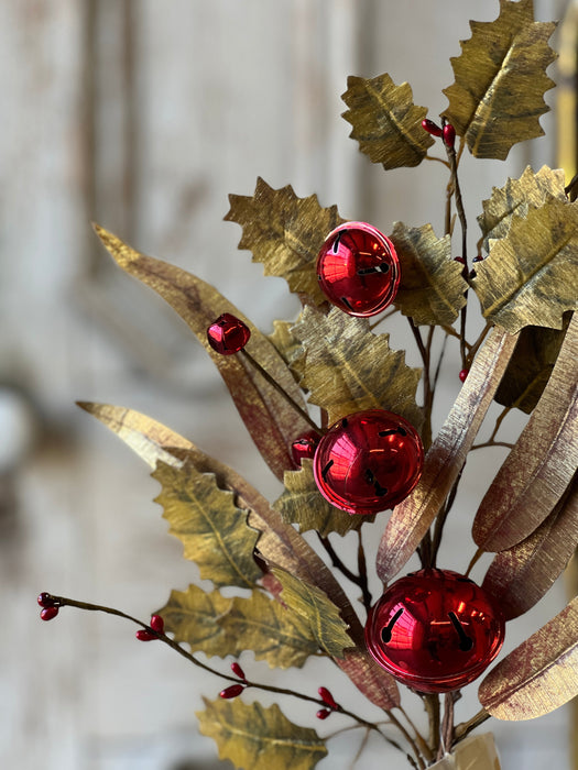 Goldspun Holly Spray | 18" of beautiful metallic golden leaves and shiny red bells