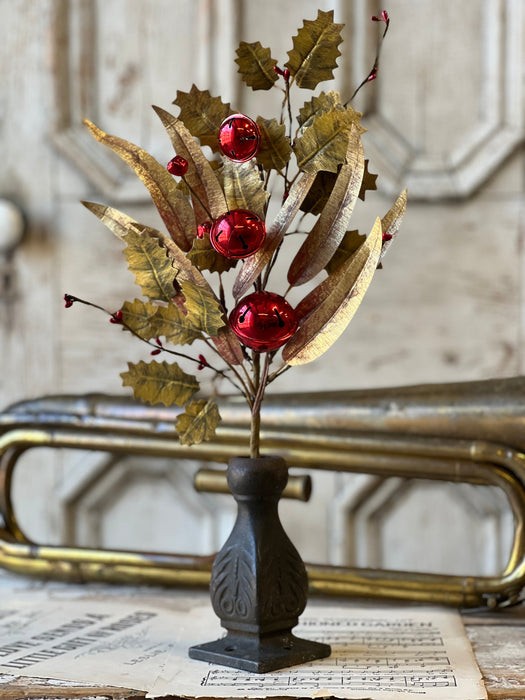 Goldspun Holly Spray | 18" of beautiful metallic golden leaves and shiny red bells