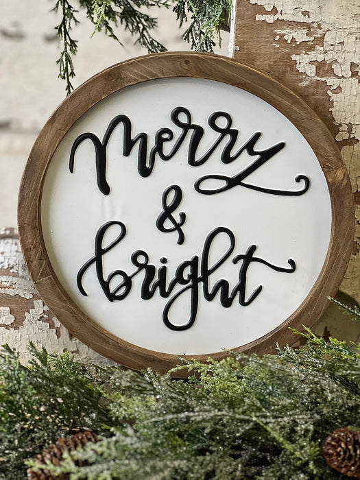 Merry & Bright Sign | 12" Round Wooden Sign for Christmas & Holiday Home Decor