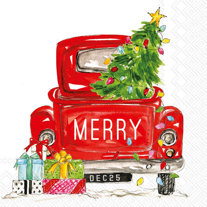 Merry Truck with Christmas Tree | Paper Napkin for Tabletop or Decoupage | Holiday Decor