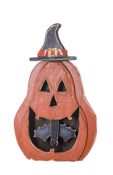 Standing Rustic Orange Jack-o-Lantern with Bat hanging in mouth | Halloween front porch decor