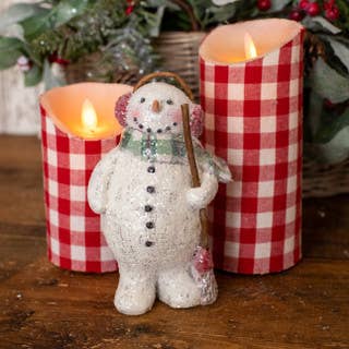 Red Broom Snowman | 6 inches tall | Made from Paper Mache