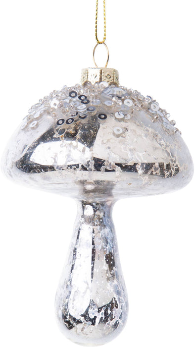 Blown glass mushroom ornament pale shiny silver, bead and glitter top