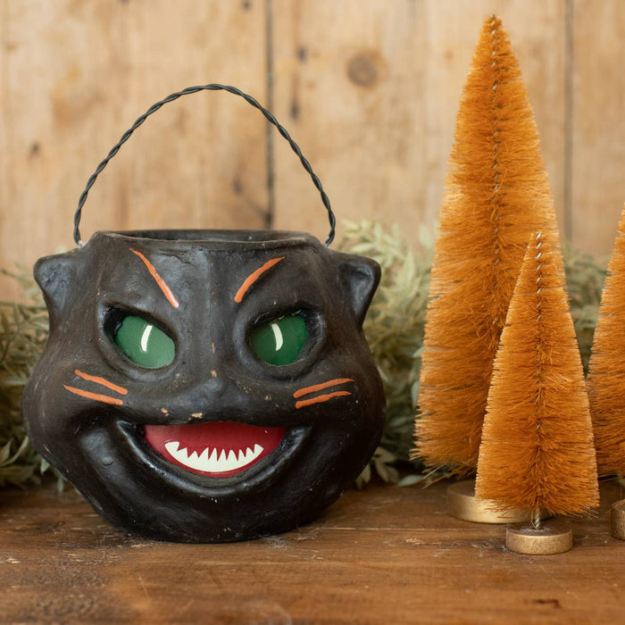 Vintage Halloween Black Cat Candy Pail | Primitive Paper Mache Home Decor