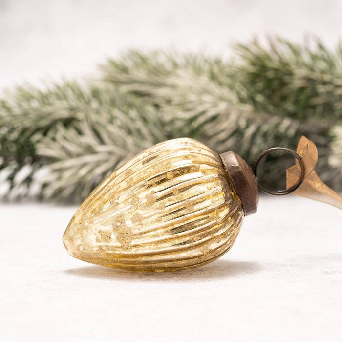Bollywood Christmas - 2" Medium Gold Ribbed Glass Pinecone shape Ornament