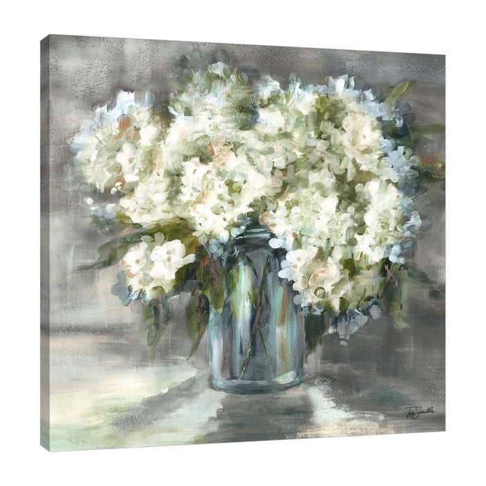 White and Taupe Hydrangeas In Mason Jar II Wrapped Canvas