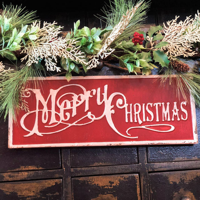 Merry Christmas Sign in red & white | 24 inches long | Metal Holiday Wall Decor