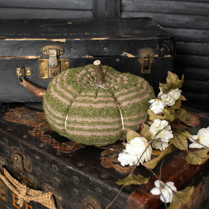 Brown & Green Stripped Fabric Pumpkin | 4.5 inches | Rustic Fall Home Decor