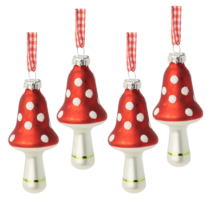 Set of 4 Glass Mushroom Ornaments in Package | Christmas and Holiday Home Decor