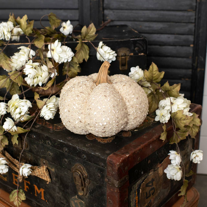 Beige Frayed Ribbon Fabric Pumpkin | 6.5 inches tall | Farmhouse & Boho Fall Decor