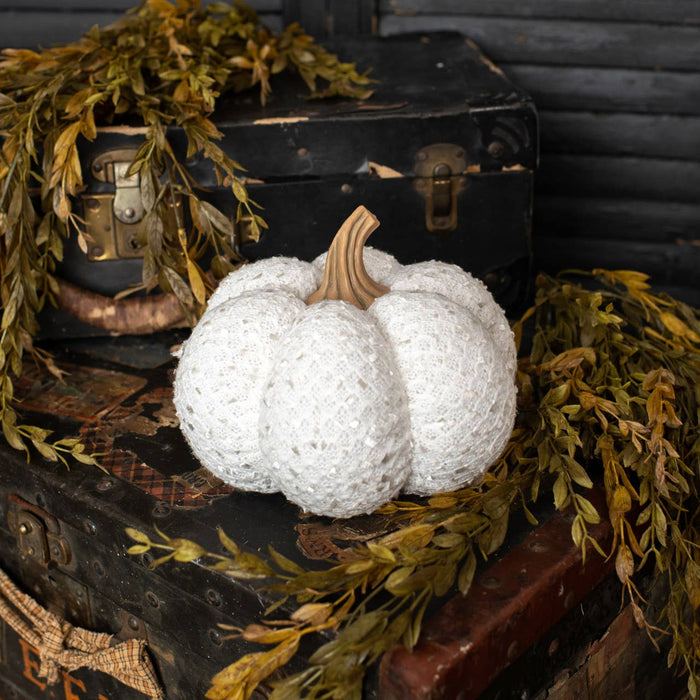 White Frayed Ribbon Fabric Pumpkin | 6.5 inches tall | Farmhouse and Boho Fall Decor