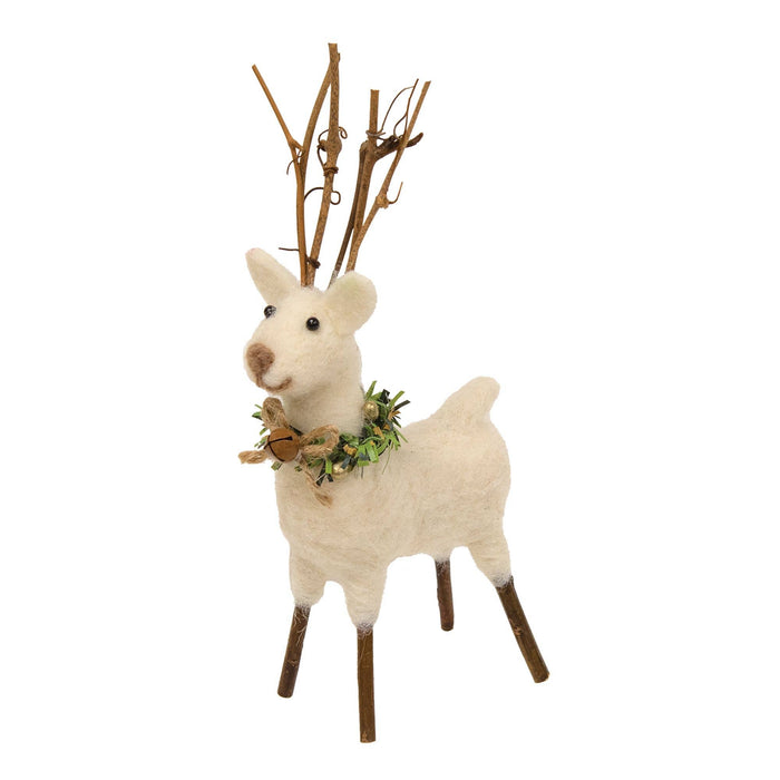 Sm Felted White Standing Reindeer Ornament | White Stag Holiday Decor