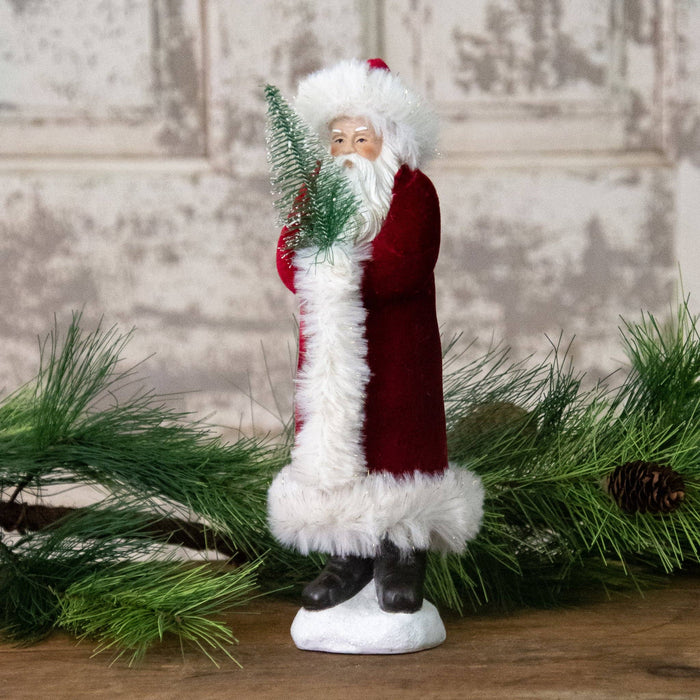 Red Velvet Belsnickle Holding Tree | Vintage Santa Christmas Decor