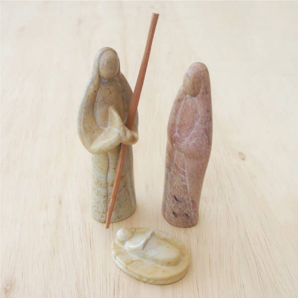 3 Piece Nativity carved in Natural Soapstone | Fair Trade from Kenya | Handmade