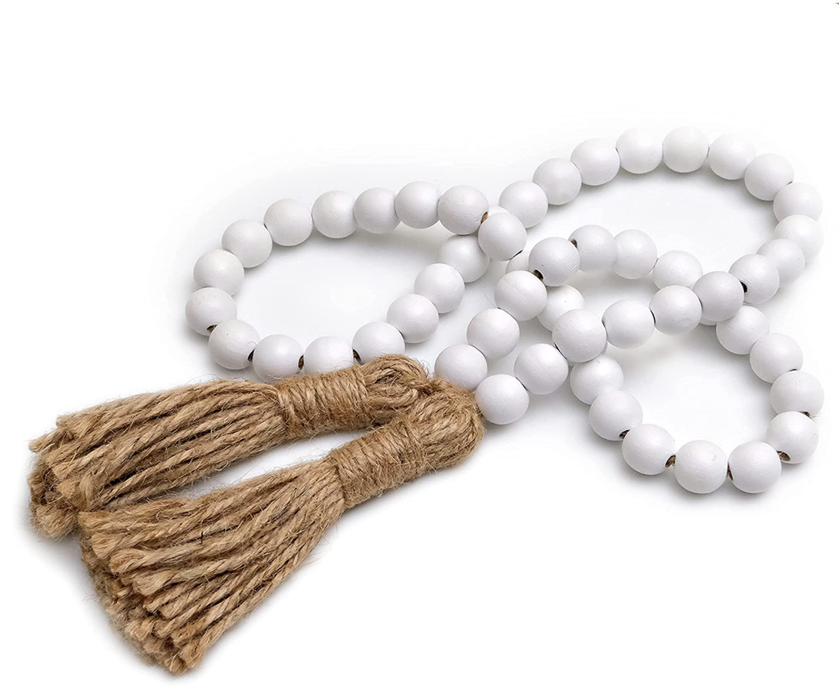 Eco-friendly White Wood Bead Garland with Tassels