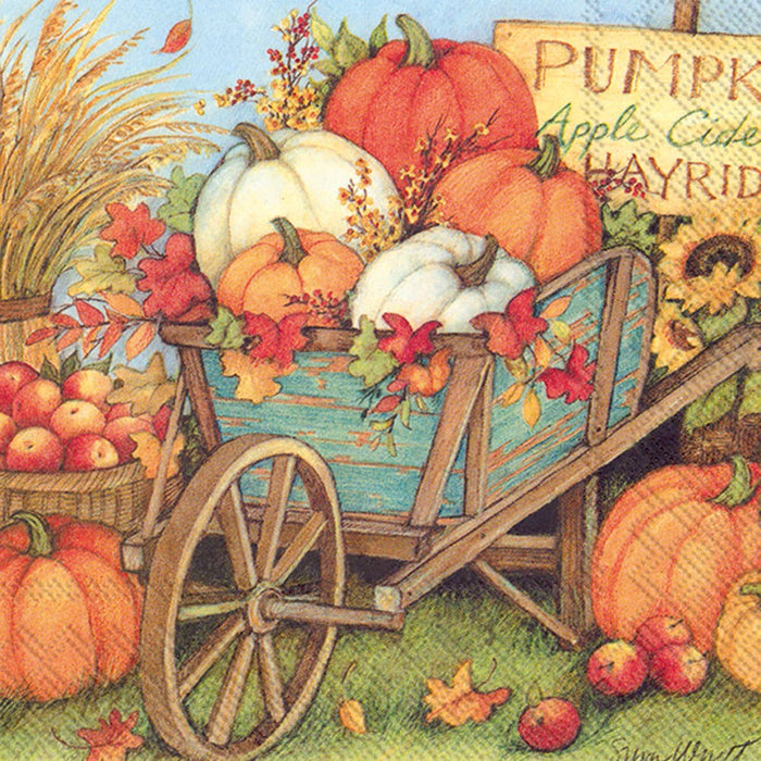 Pumpkin Crop in Wheelbarrow |20 ct Paper Napkins for Fall Home Decor & Decoupage