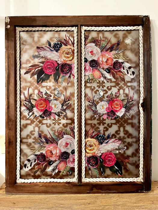 Vintage window with stencil & flowers