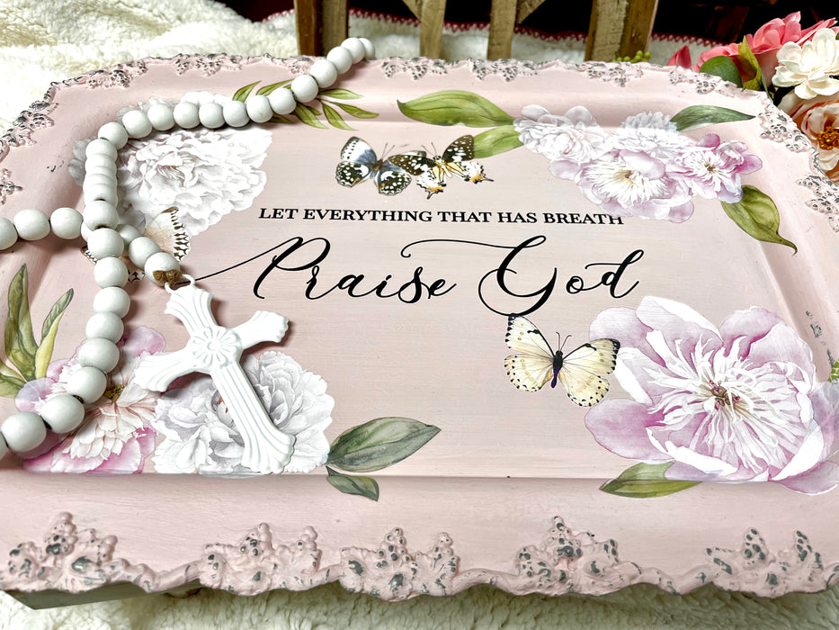 Painted silver tray with scripture